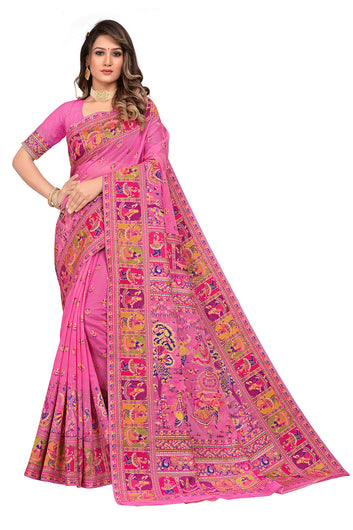 rose pink Kashmiri Modal Handloom Weaving Saree