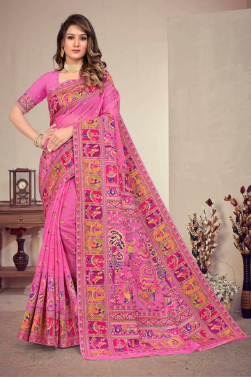 rose pink Kashmiri Modal Handloom Weaving Saree