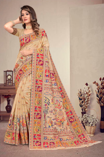 Creamy Off-White Kashmiri Modal Handloom Weaving Saree