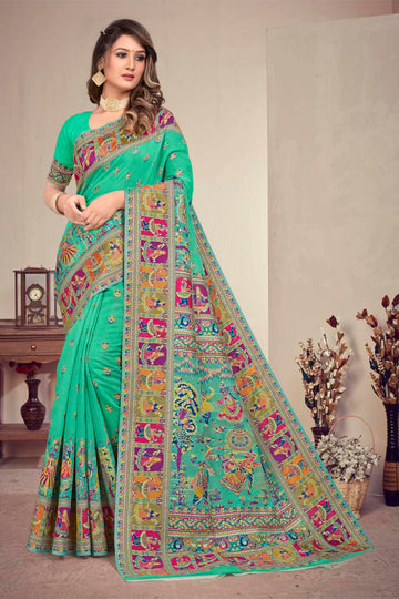 Mint green Kashmiri Modal Handloom Weaving Saree