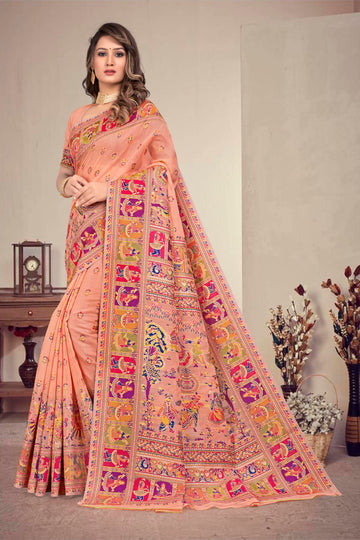 peach color Kashmiri Modal Handloom Weaving Saree