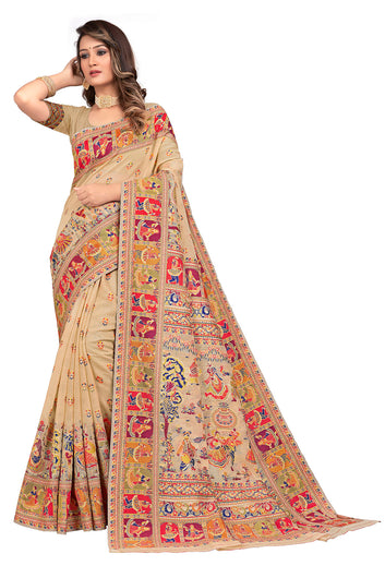 Creamy Off-White Kashmiri Modal Handloom Weaving Saree