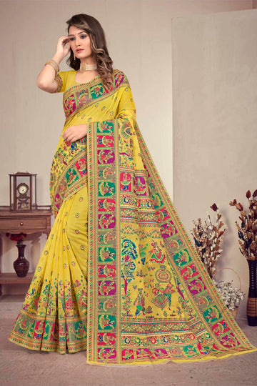 lemon Kashmiri Modal Handloom Weaving Saree