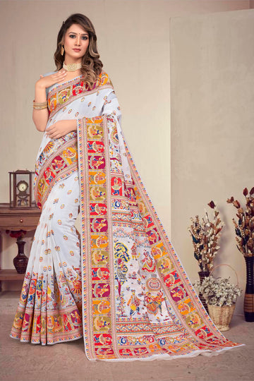 White Kashmiri Modal Handloom Weaving Saree