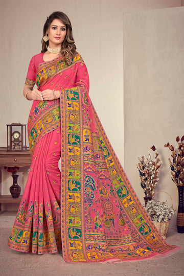 carrot pink color Kashmiri Modal Handloom Weaving Saree