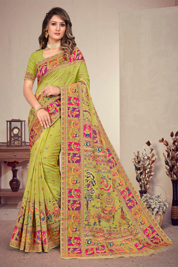 Olive Green Kashmiri Modal Handloom Weaving Saree