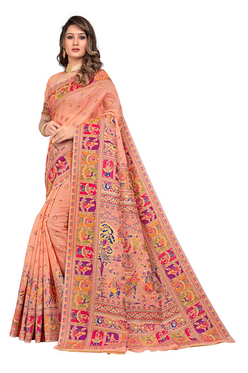 peach color Kashmiri Modal Handloom Weaving Saree