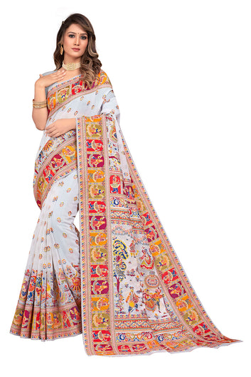 White Kashmiri Modal Handloom Weaving Saree