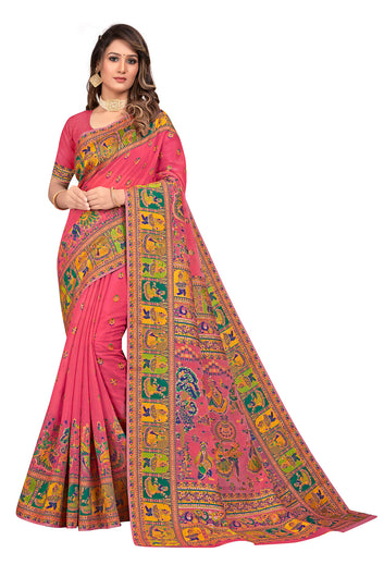 carrot pink color Kashmiri Modal Handloom Weaving Saree