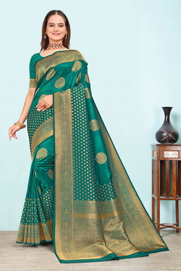 Beautiful Ocean Green Shine Silk Saree