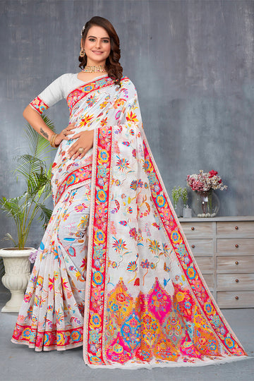 Pearlesecnt White Cotton Silk Saree