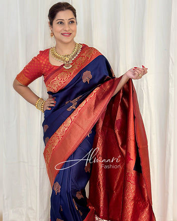 Navy Blue Pure Soft Semi-Silk Saree Stylish Blouse Piece
