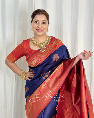 Navy Blue Pure Soft Semi-Silk Saree Stylish Blouse Piece