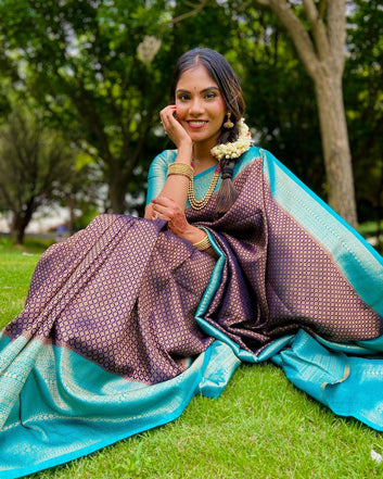 Purple & Firozi Pure Soft Silk Saree With Confounding Blouse Piece