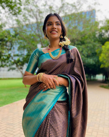 Purple & Firozi Pure Soft Silk Saree With Confounding Blouse Piece