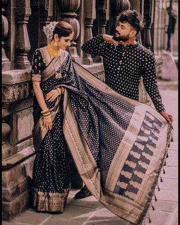 Black Pure Soft Silk Saree With Confounding Blouse Piece