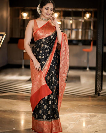 Black Pure Soft Silk Saree With Twirling Blouse Piece