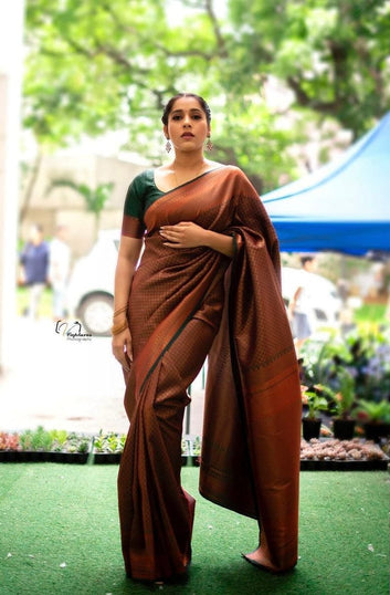 Symmetrical Green & Copper Pure Soft Silk Saree With Engrossing Blouse Piece