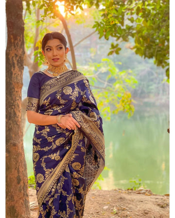 Navy Blue Semi Silk Saree Weaved With Copper Zari With Attached Heavy Brocade Blouse