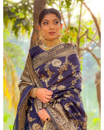 Navy Blue Semi Silk Saree Weaved With Copper Zari With Attached Heavy Brocade Blouse