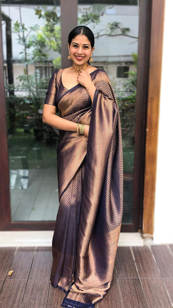 Navy Blue Pure Soft Silk Saree With Confounding Blouse Piece