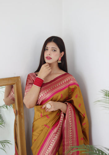 Mustard & Pink Combination Pure Soft Silk Saree Stylish Blouse Piece