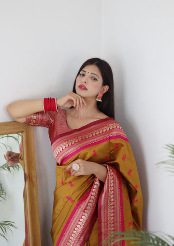 Mustard & Pink Combination Pure Soft Silk Saree Stylish Blouse Piece