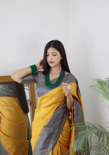 Yellow & Firozi Combination Pure Soft Silk Saree Stylish Blouse Piece