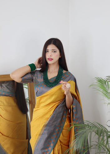 Yellow & Firozi Combination Pure Soft Silk Saree Stylish Blouse Piece