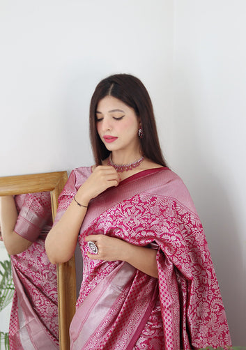Pink & Silver Pure Soft Silk Saree Stylish Blouse Piece