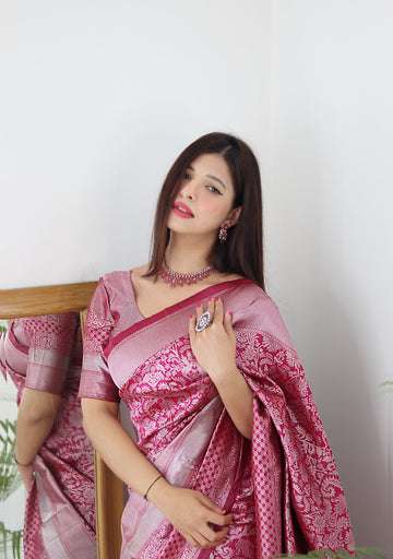 Pink & Silver Pure Soft Silk Saree Stylish Blouse Piece