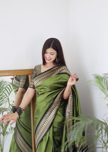 Mintgreen & Black Border Pure Soft Silk Saree Stylish Blouse Piece
