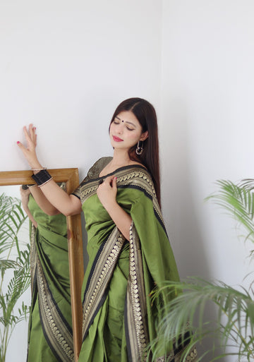 Mintgreen & Black Border Pure Soft Silk Saree Stylish Blouse Piece