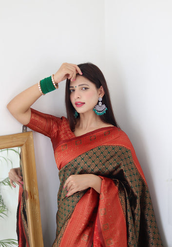Dark Green & Red Border Pure Soft Silk Saree Stylish Blouse Piece
