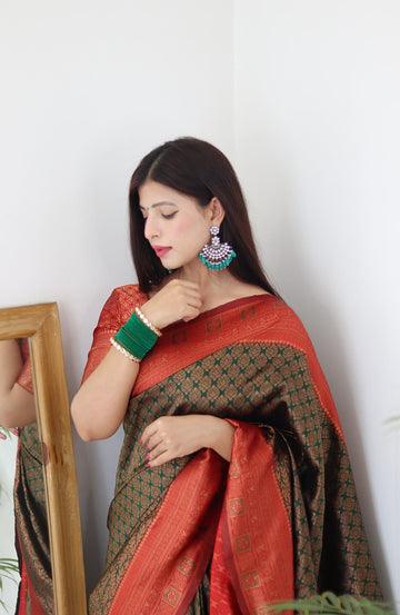 Dark Green & Red Border Pure Soft Silk Saree Stylish Blouse Piece