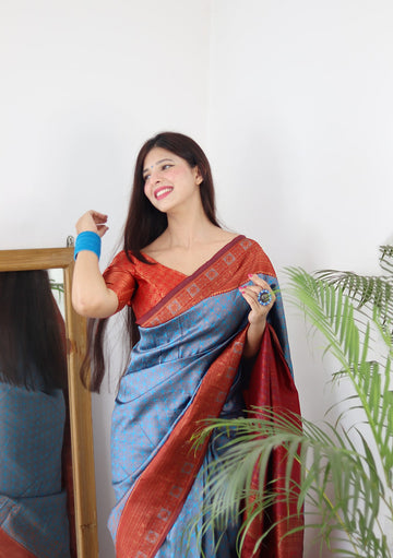 Firozi & Maroon Combination Pure Soft Silk Saree Stylish Blouse Piece