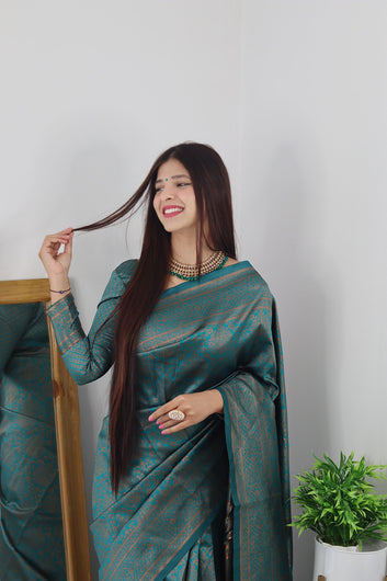 Rama & Copper Zari Combination Pure Soft Silk Saree Stylish Blouse Piece