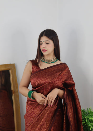 Maroon With Copper Zari Combination Pure Soft Silk Saree Stylish Blouse Piece
