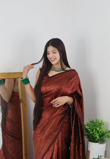 Maroon With Copper Zari Combination Pure Soft Silk Saree Stylish Blouse Piece