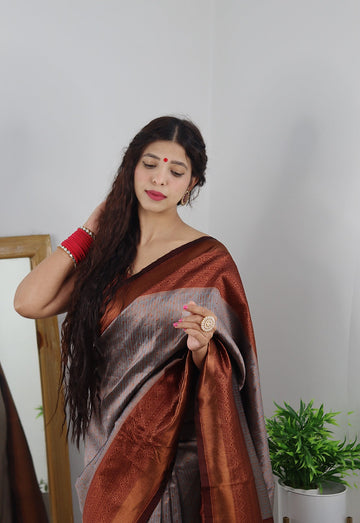 Grey & Maroon With Copper Zari Combination Pure Soft Silk Saree Stylish Blouse Piece