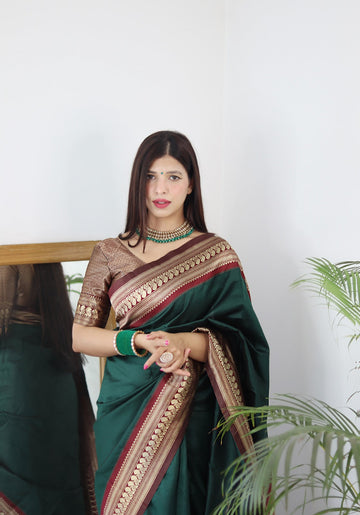 Dark Green & Maroon Combination Pure Soft Silk Saree Stylish Blouse Piece