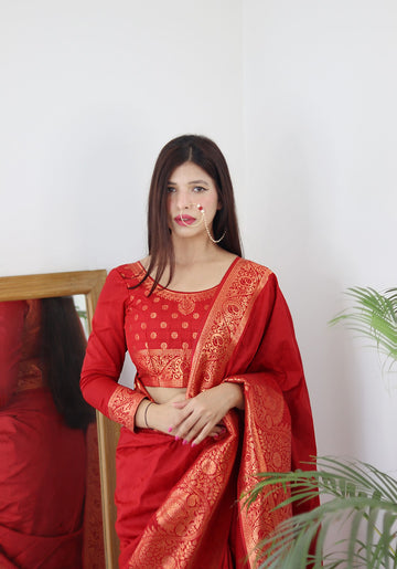 Maroon Pure Soft Silk Saree Weaved With Copper Zari Comes With Confounding Blouse Piece