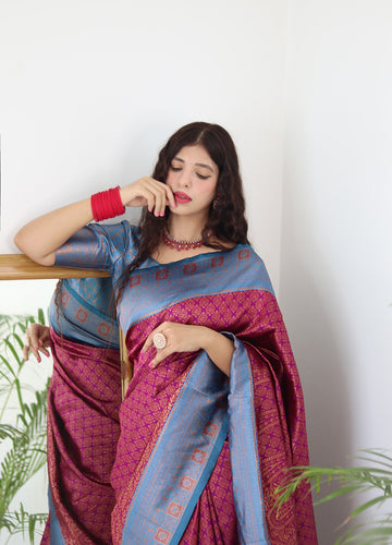 Magenta & Firozi Pure Soft Silk Saree With Twirling Blouse Piece