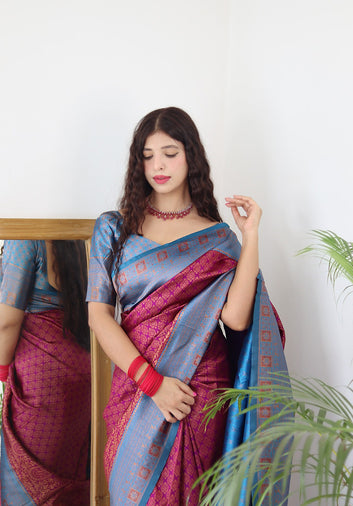 Magenta & Firozi Pure Soft Silk Saree With Twirling Blouse Piece