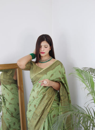 Mint Green Pure Soft Cotton Saree With Twirling Blouse Piece