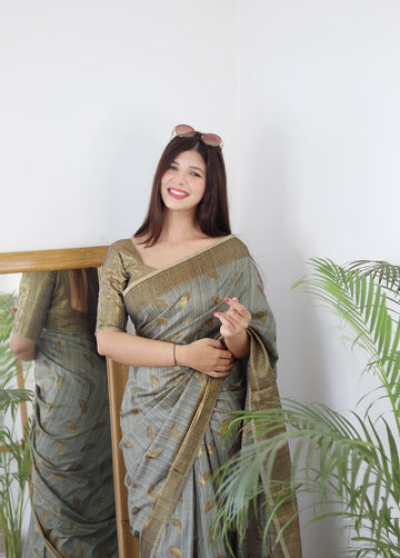 Grey Pure Soft Cotton Saree With Twirling Blouse Piece