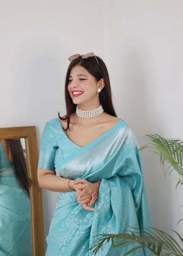 Sky Pure Soft Silk Saree With Twirling Blouse Piece
