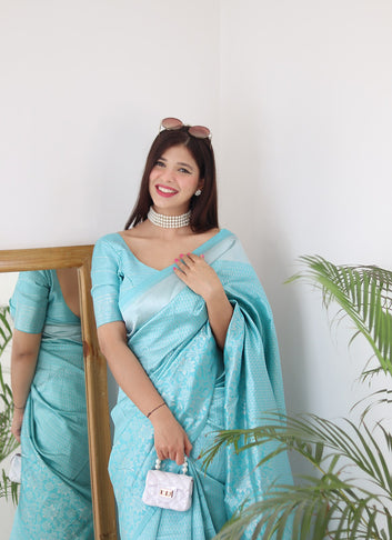 Sky Pure Soft Silk Saree With Twirling Blouse Piece