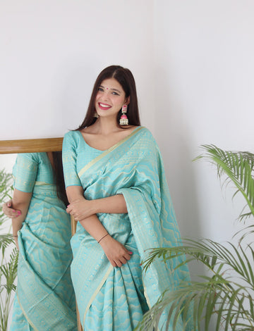 Sky Blue Pure Soft Silk Saree With Twirling Blouse Piece