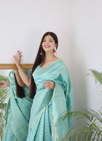 Sky Blue Pure Soft Silk Saree With Twirling Blouse Piece